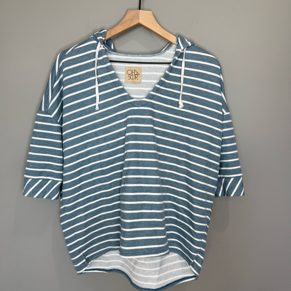 CHASER Cozy Blue And White Stripe V Neck Hooded Over Sized Sweat Shirt Sz large
